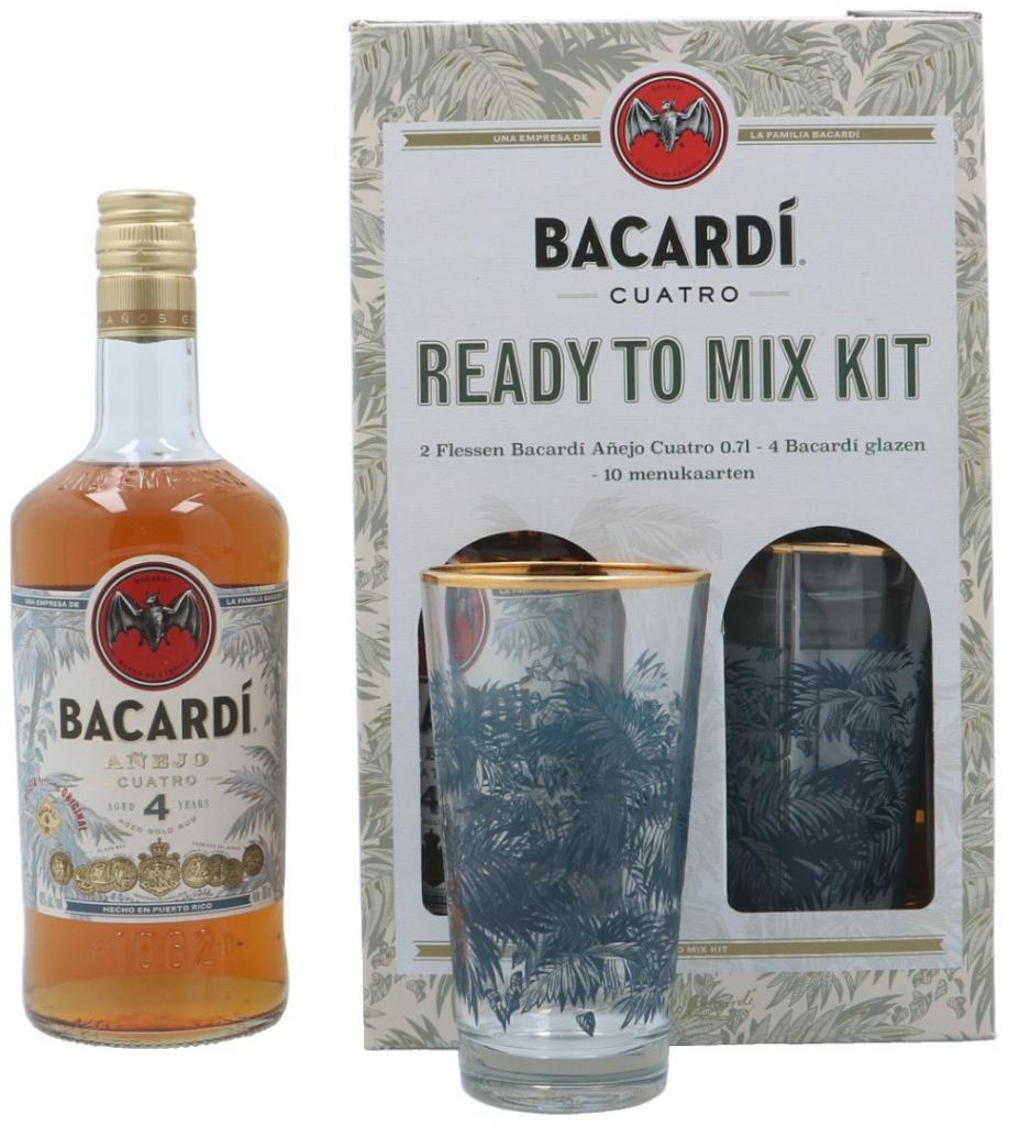 Bacardi Cuatro Anos Ready To Mix Kit + 4 Verres Luxemburg Golden